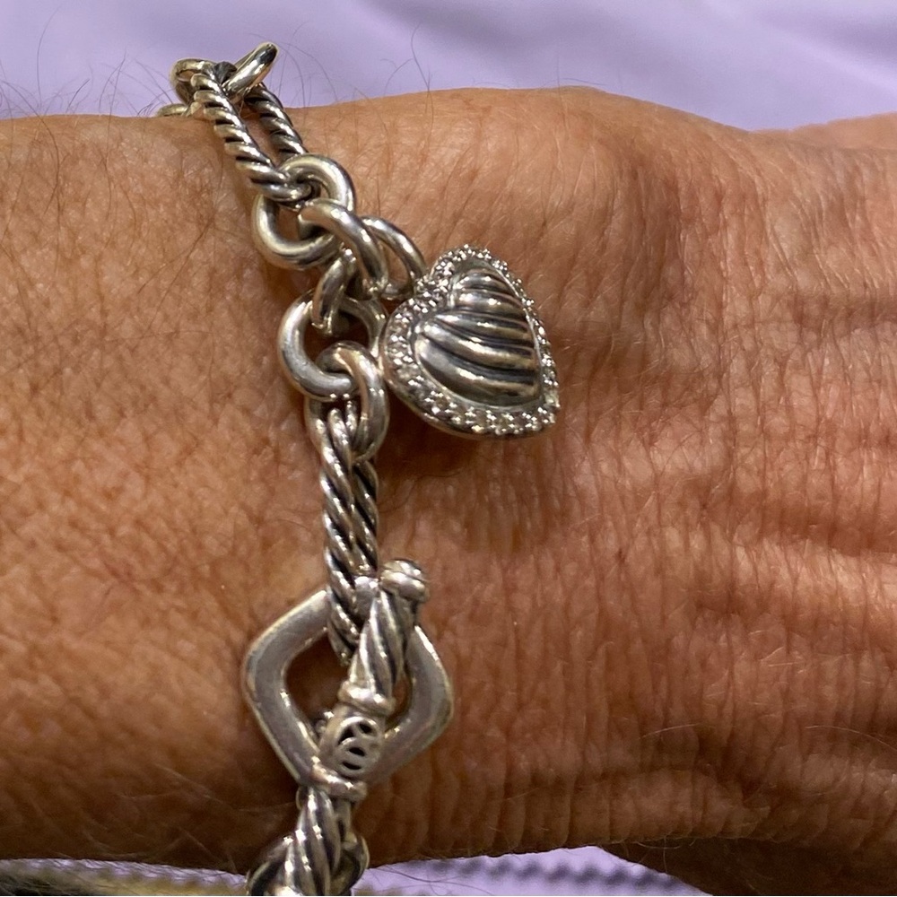 David Yurman Sterling Silver Charm Bracelet with Diamond Heart toggle clasp